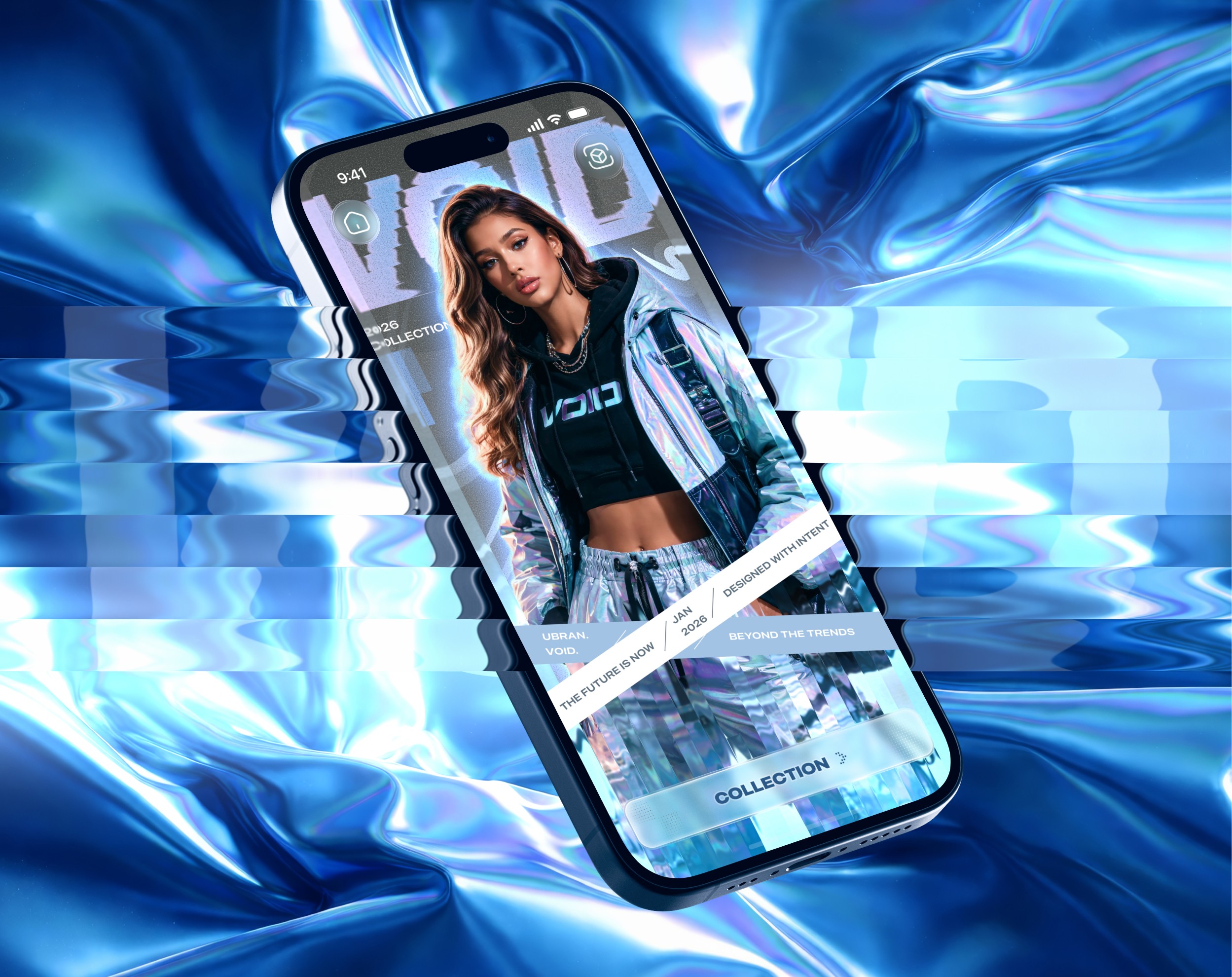 VOID fashion app concept — full-bleed editorial hero screen on iPhone mockup with holographic background