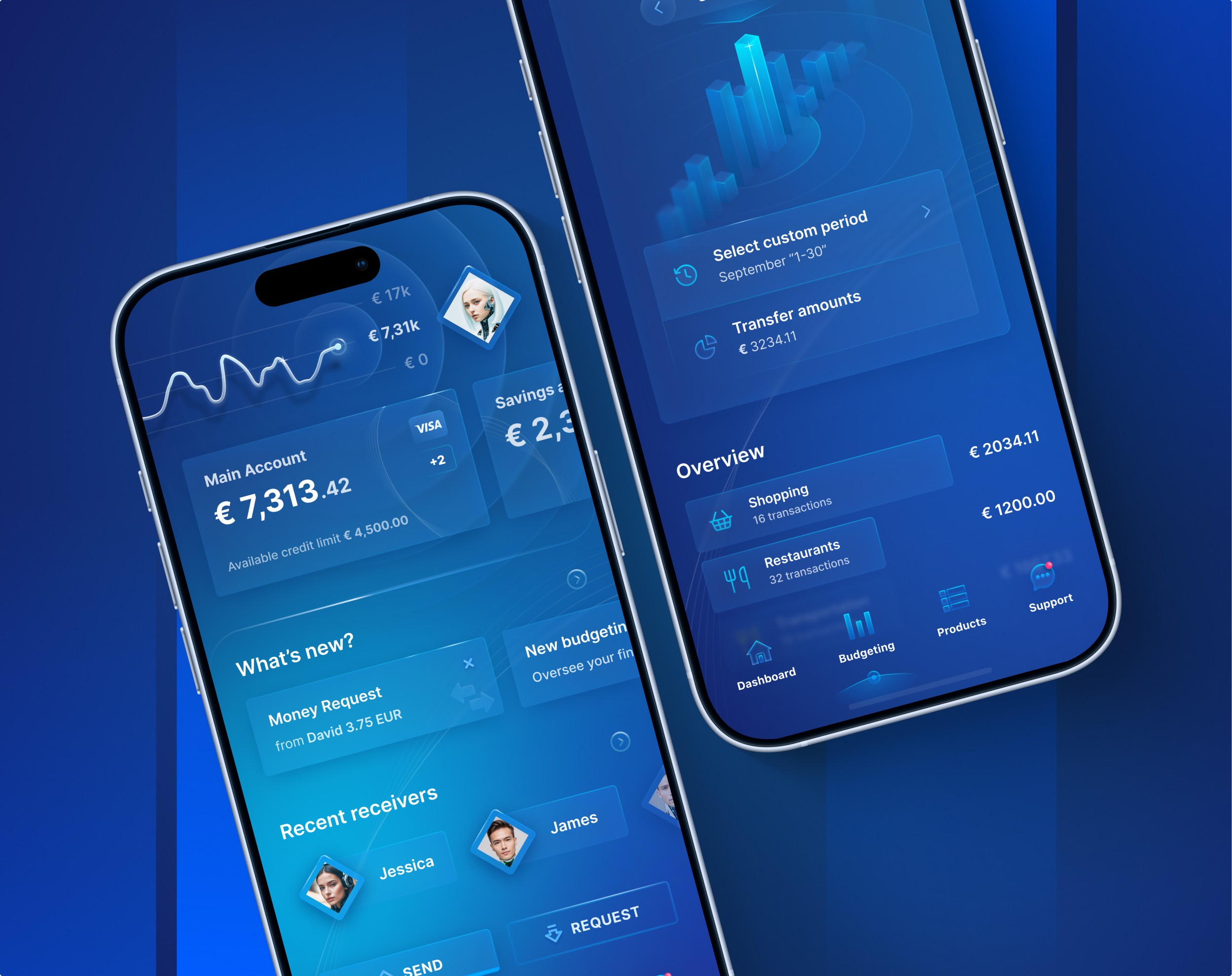 Lumi finance app concept — dashboard and budgeting screens side by side, deep blue glassmorphism UI