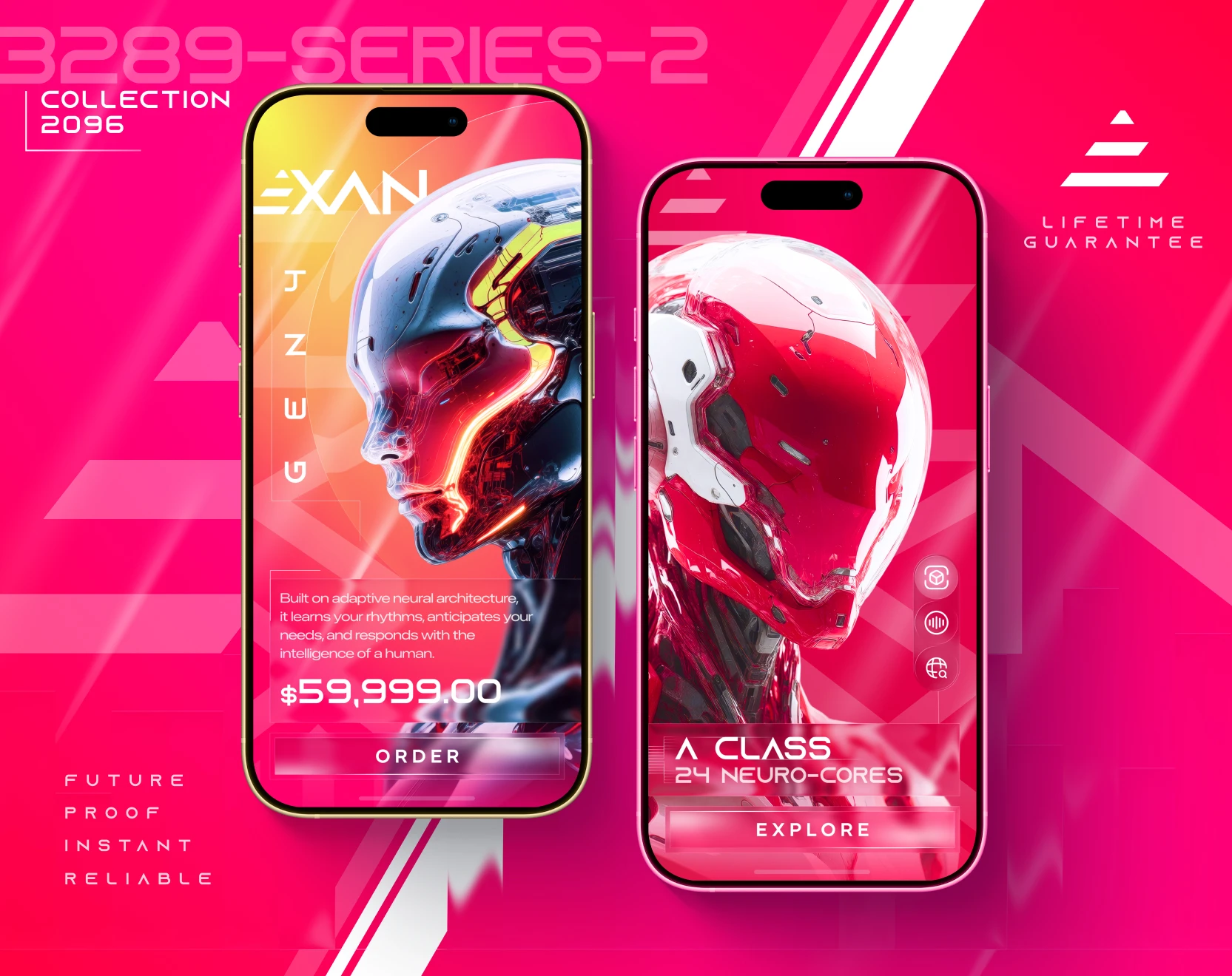 EXAN sci-fi product app concept — two iPhone mockups showing AI robot product detail and category screens, neon pink UI