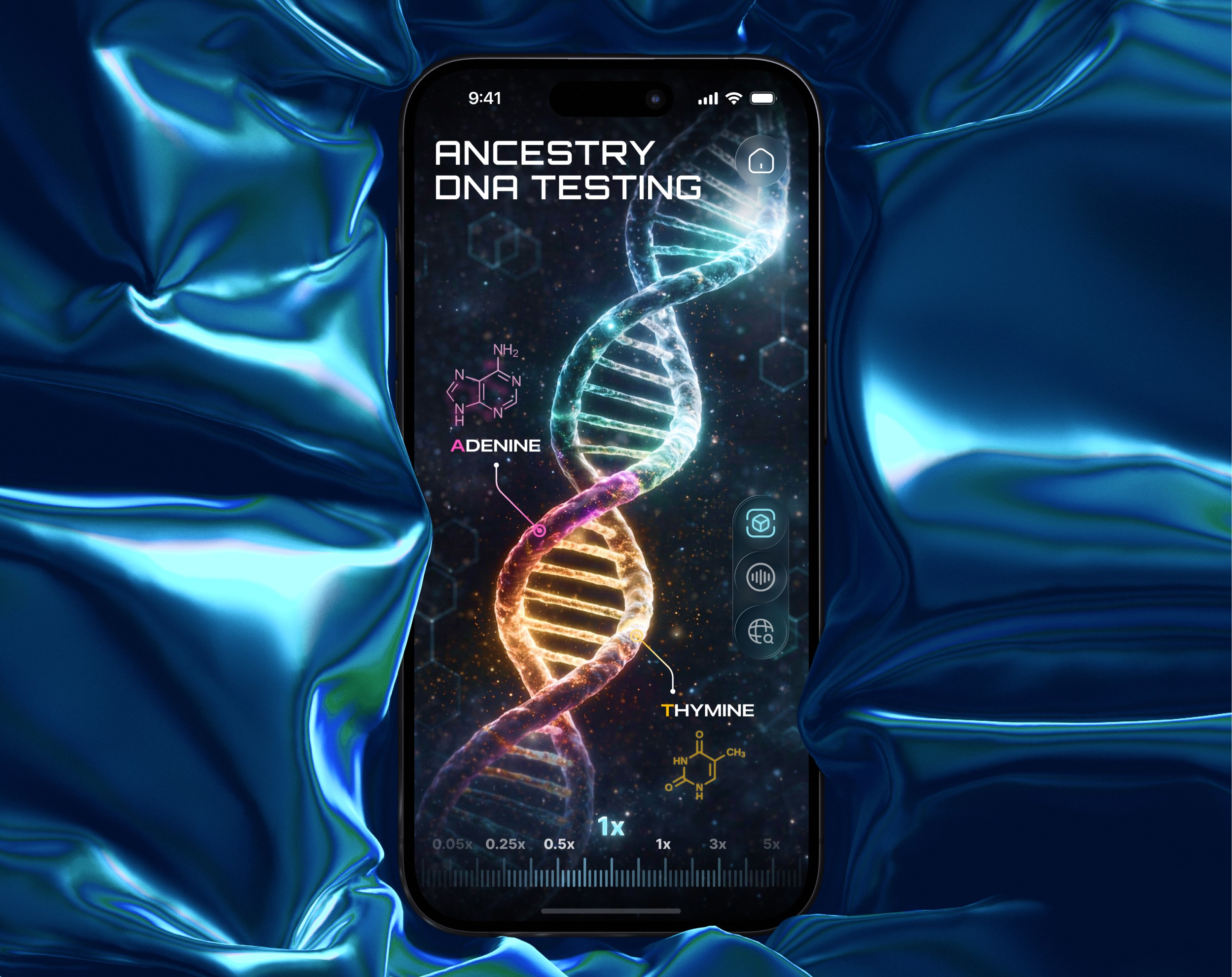 Ancestry DNA Testing app concept — interactive 3D double helix with base-pair labels on dark mobile UI