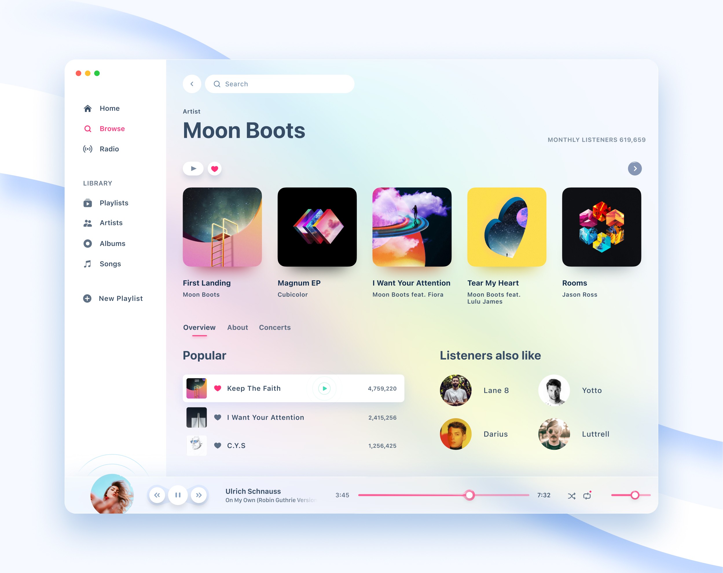 Music streaming app concept — artist page for Moon Boots with album grid, popular tracks, and persistent player bar, light UI