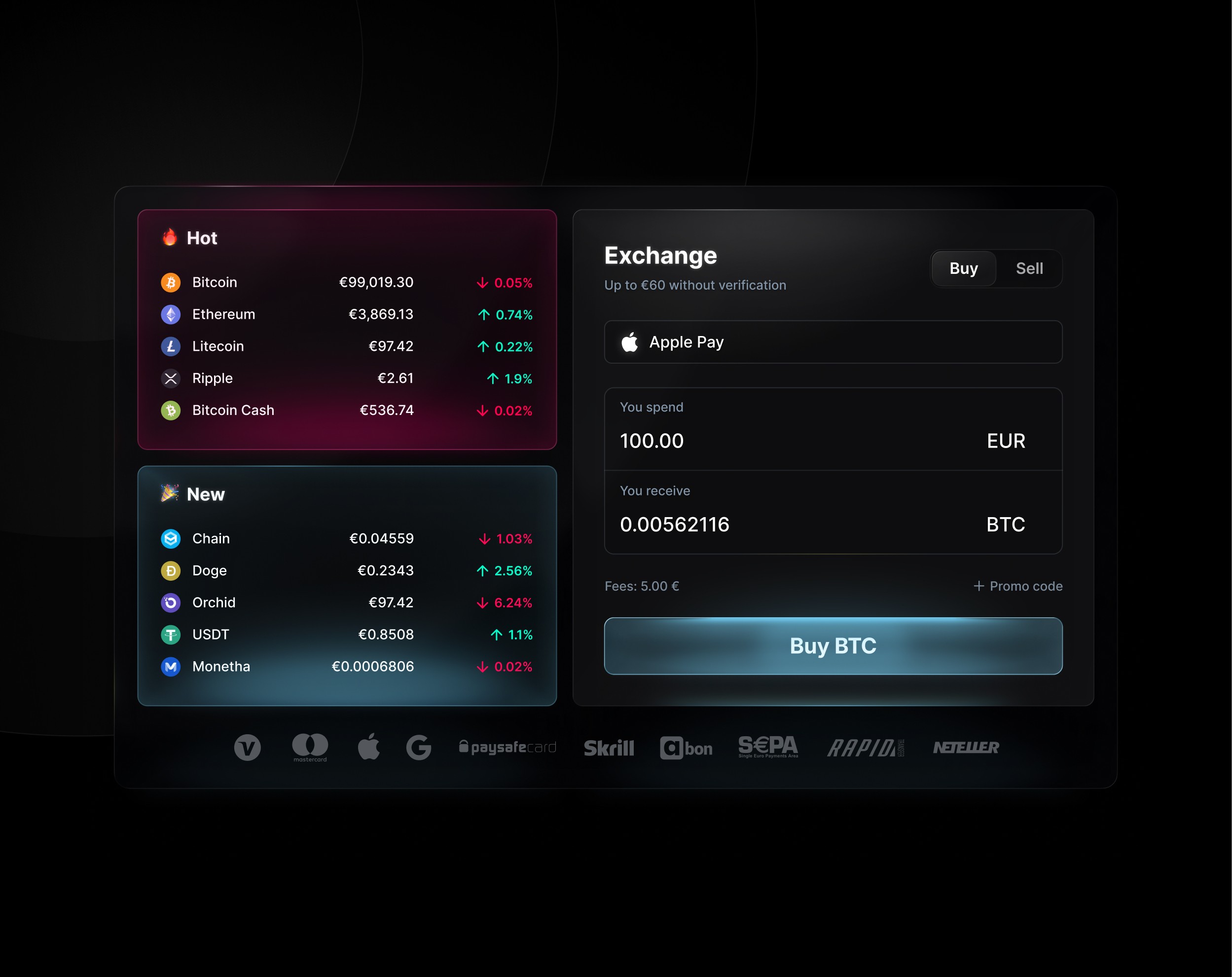 BTCBIT — buy cryptocurrency page with live coin list, EUR exchange widget, and payment method logos, dark UI