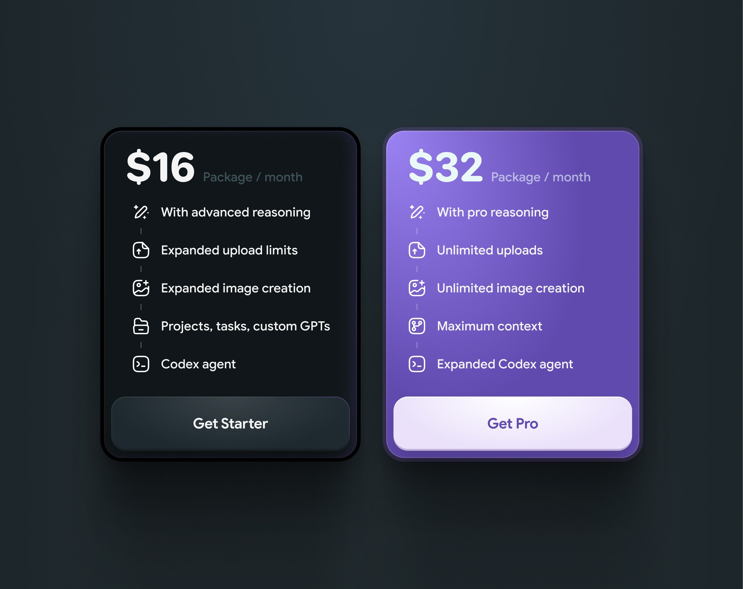 Pricing comparison — Starter at $16/mo beside a highlighted Pro tier at $32/mo, dark UI