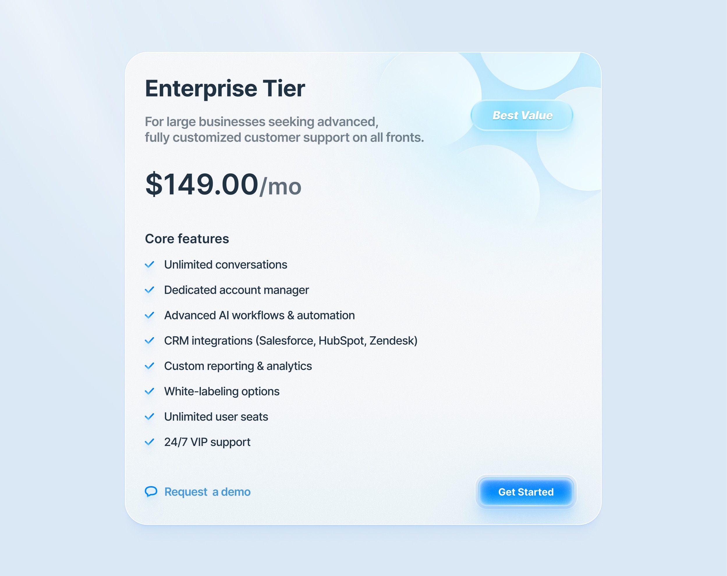 Enterprise pricing card concept — $149/mo tier with Best Value badge, feature checklist, and Get Started CTA, light blue UI