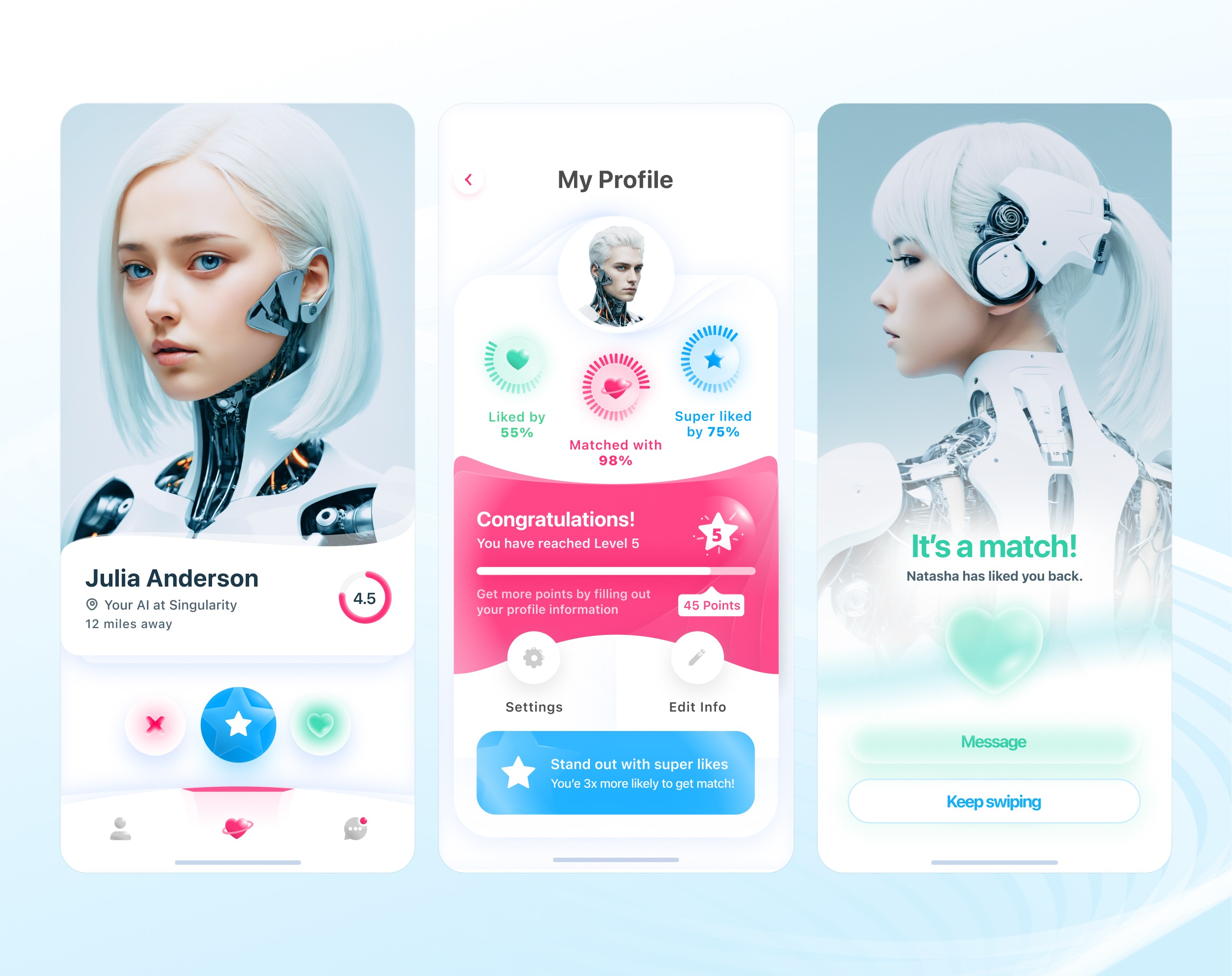 `AI dating app concept — three-screen flow showing profile card, gamified stats dashboard, and match confirmation screen`