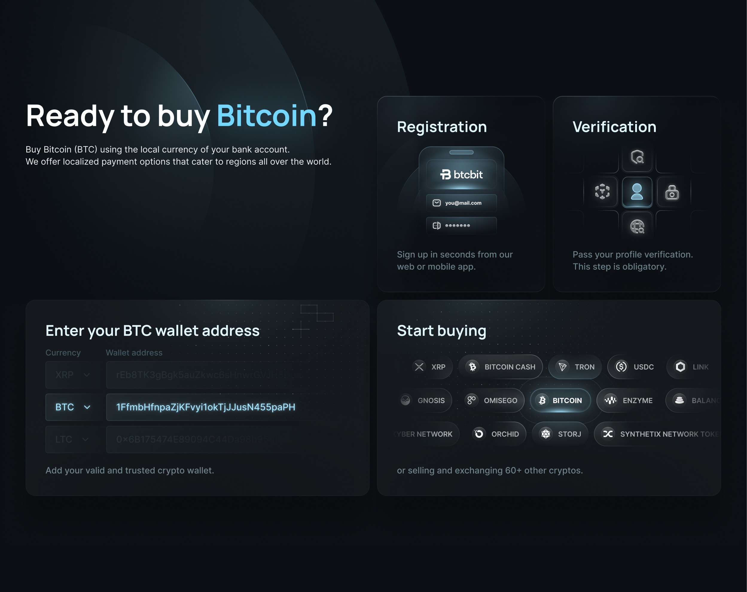 BTCBIT — full onboarding layout showing Registration, Verification, wallet address entry, and coin selector grid