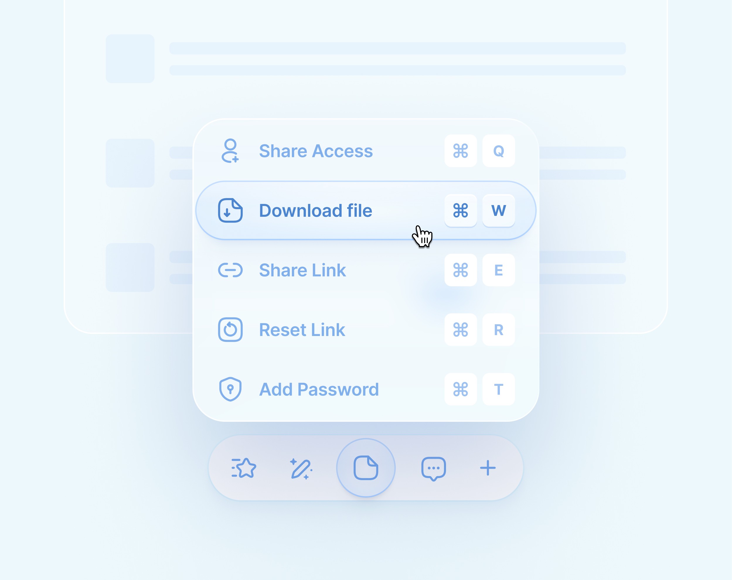 Context menu component concept — light mode variant, same actions as dark version