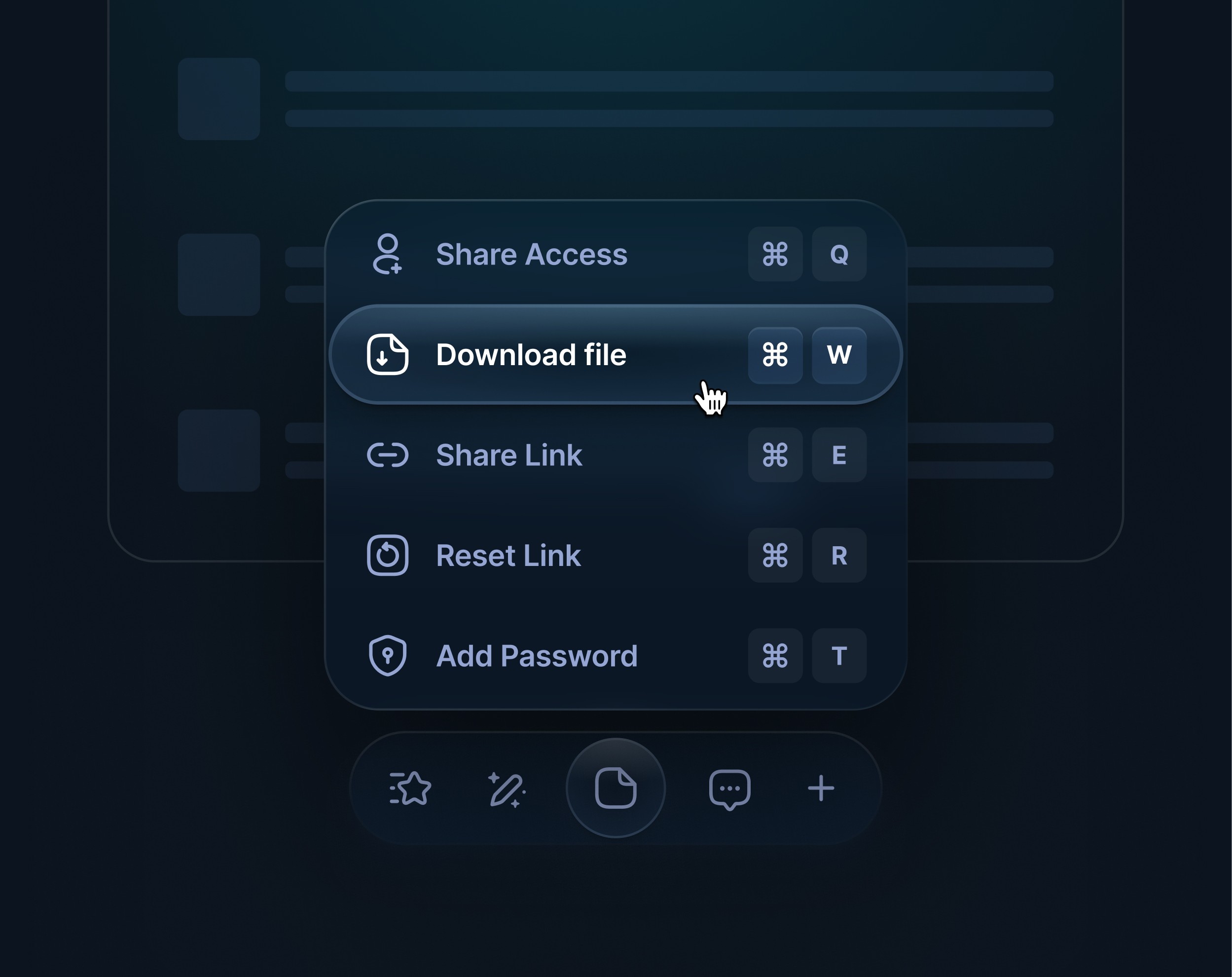 Context menu component concept — dark mode, showing Share, Download, Link, Reset, and Password actions with keyboard shortcuts